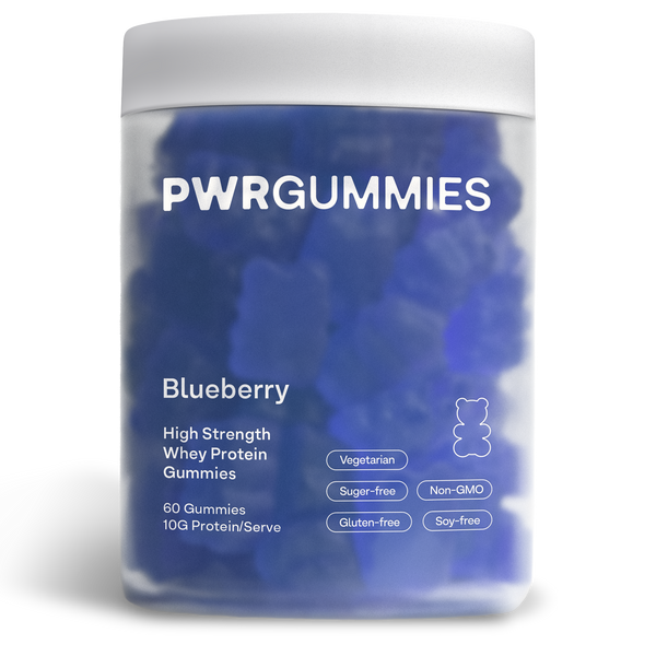 PWR GUMMIES Blueberry whey protein gummies jar