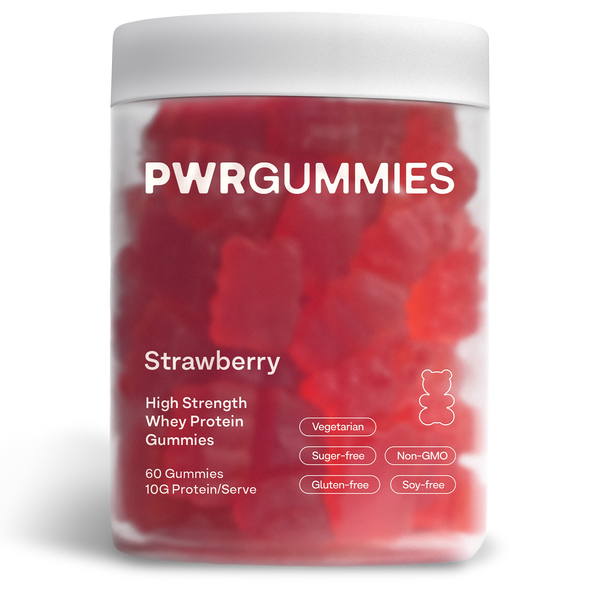 PWR GUMMIES Strawberry whey protein gummies jar